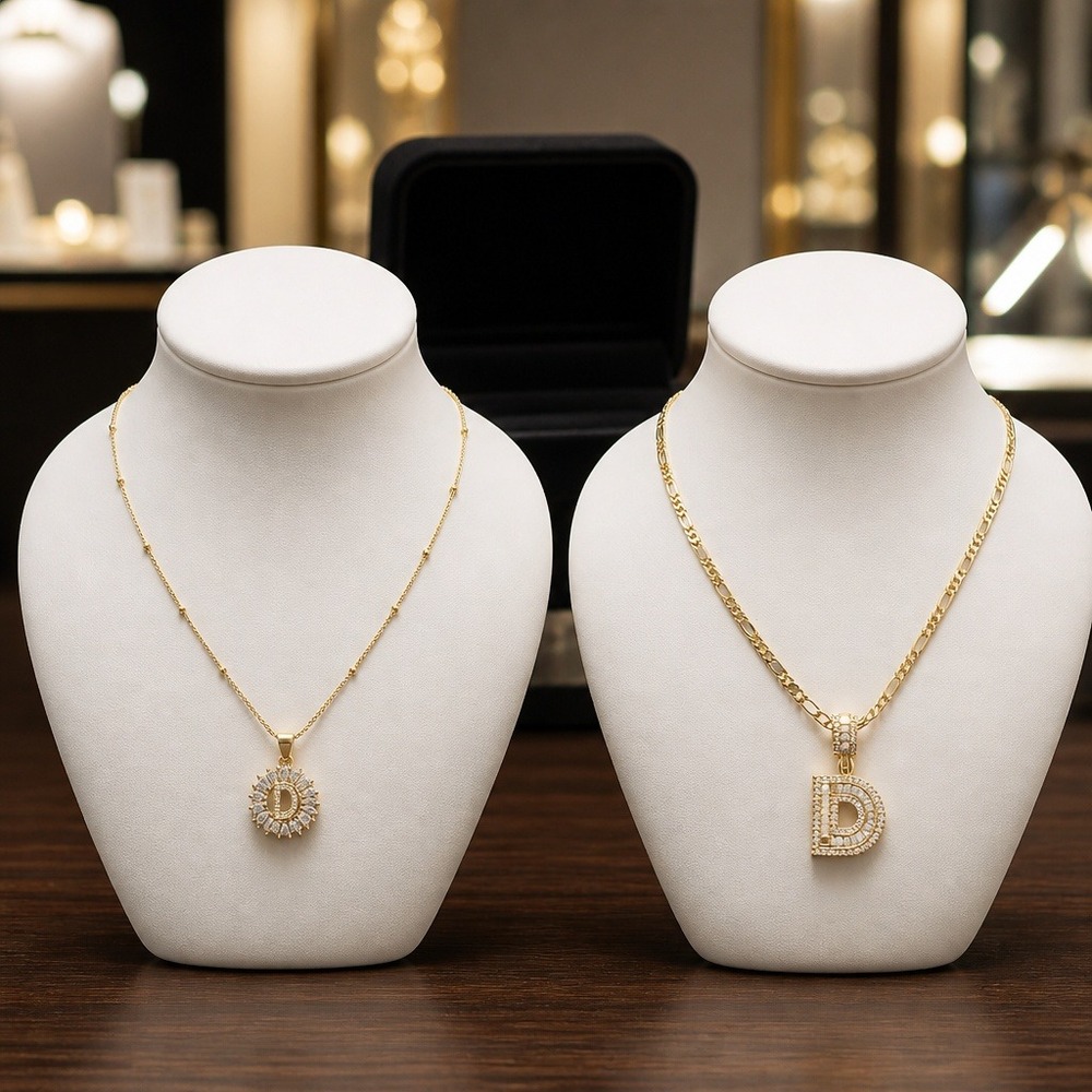 Gold Tone Initial D Necklace Set Figaro Cable Chain Cubic Zirconia Pendants